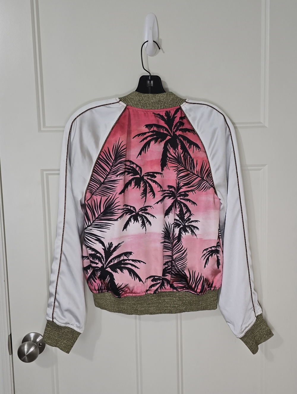 Pam & Gela Pink Black Palm Print Satin Bomber Jacket ASO Women's Small - Picture 2 of 11